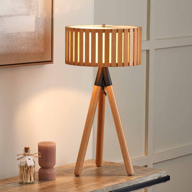 Hemsby Natural Wood Slat Tripod Table Lamp