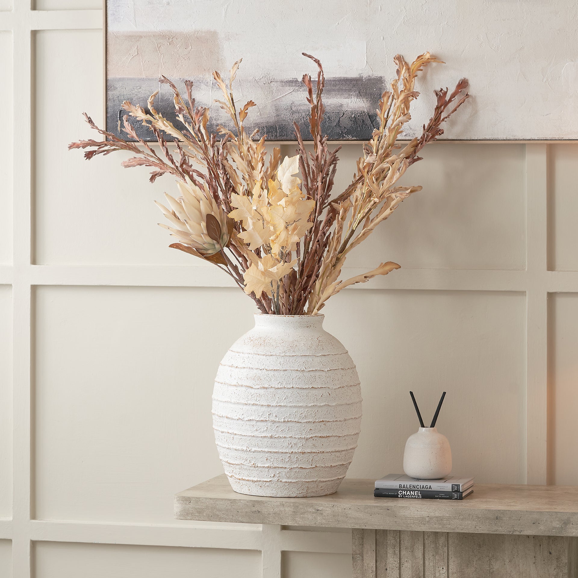 Meave White Wash Ribbed Fibrestone Vase