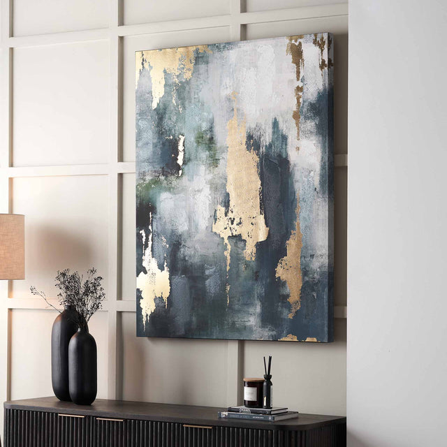 Romy Gold and Blue Abstract Canvas with Black Frame