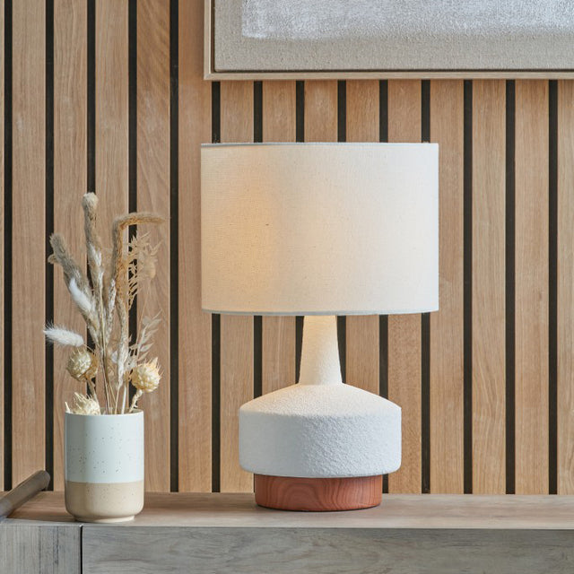 Eli White and Wood Effect Textured Ceramic Table Lamp