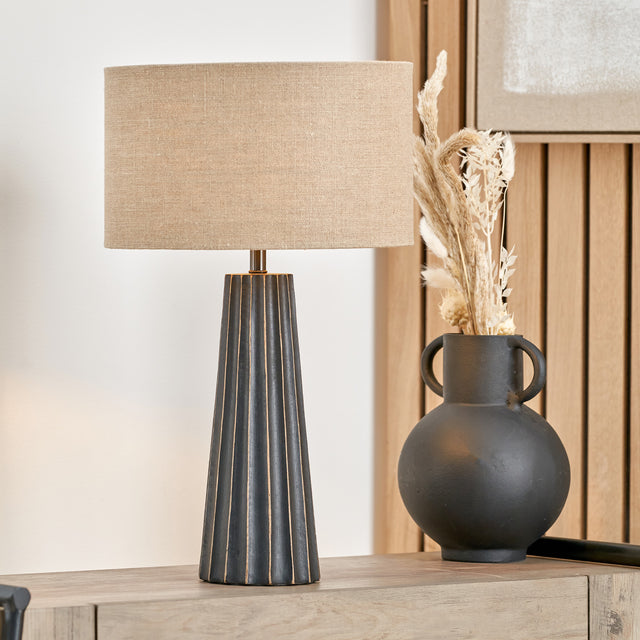 Dorian Black Wash Mango Wood Textured Cone Table Lamp