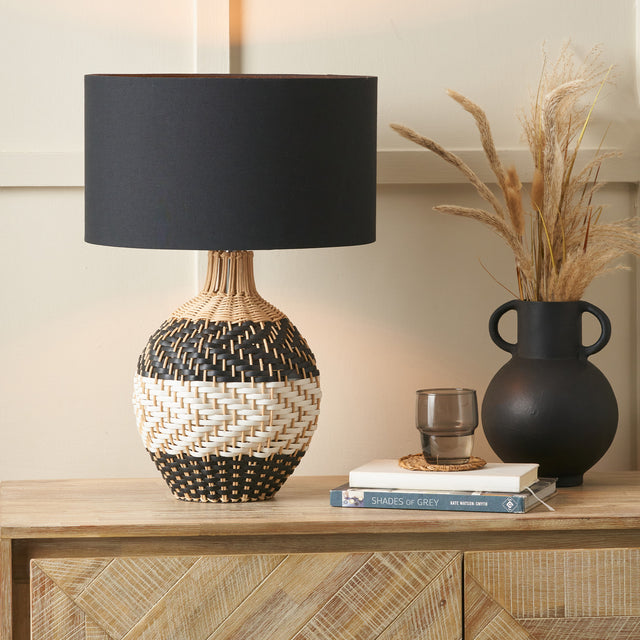 Raina Natural Rattan Black and White Woven Table Lamp