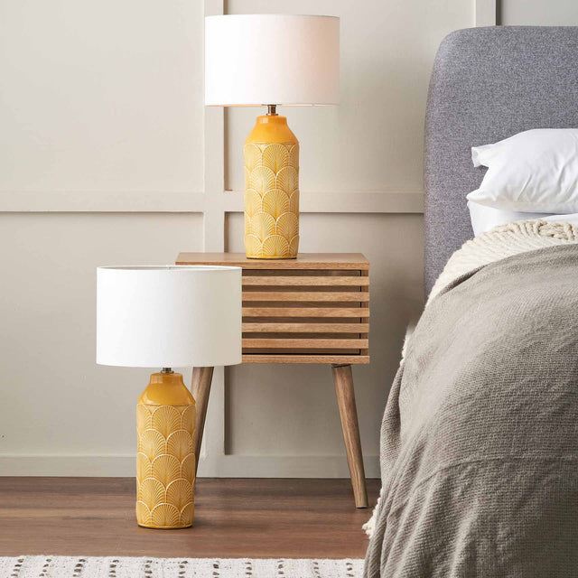 Esther Embossed Mustard Ceramic Bedside Table Lamp Set Of 2