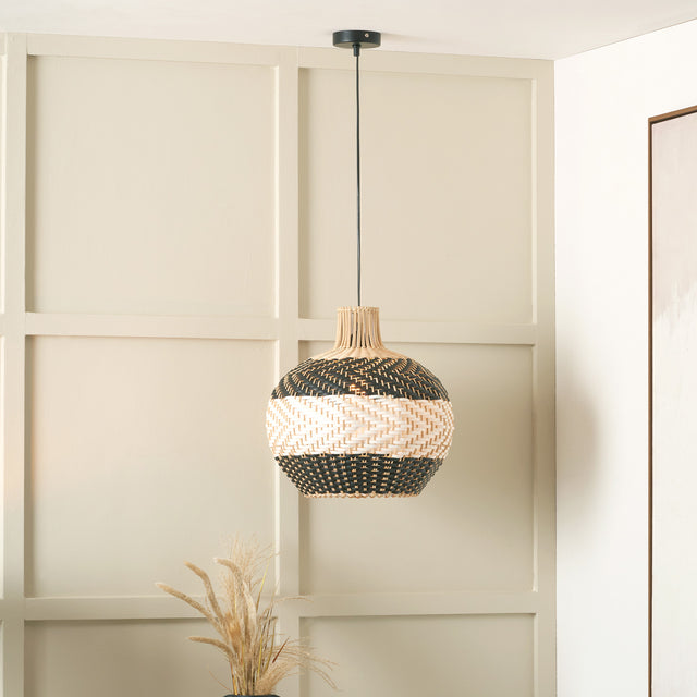 Raina Natural Rattan Black and White Woven Pendant