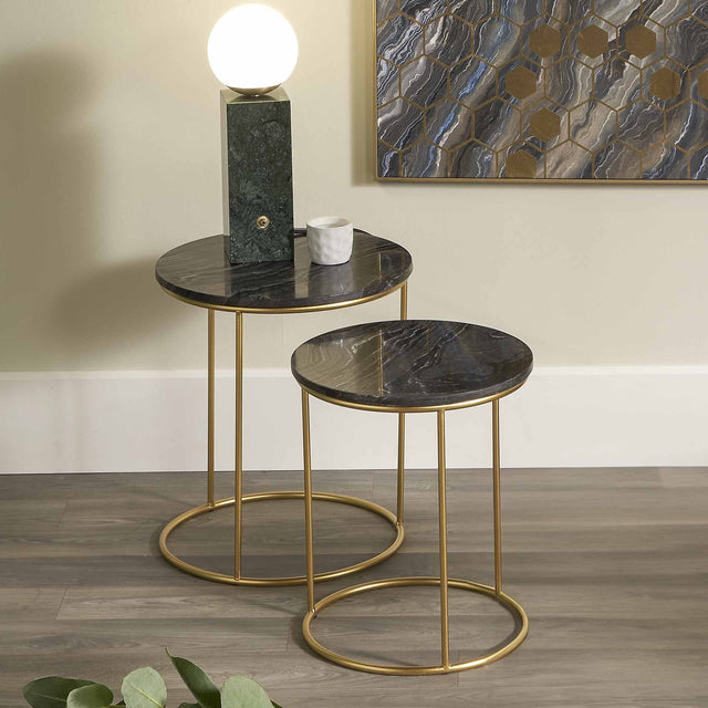 Cecelia Black Marble and Gold Side Tables S/2